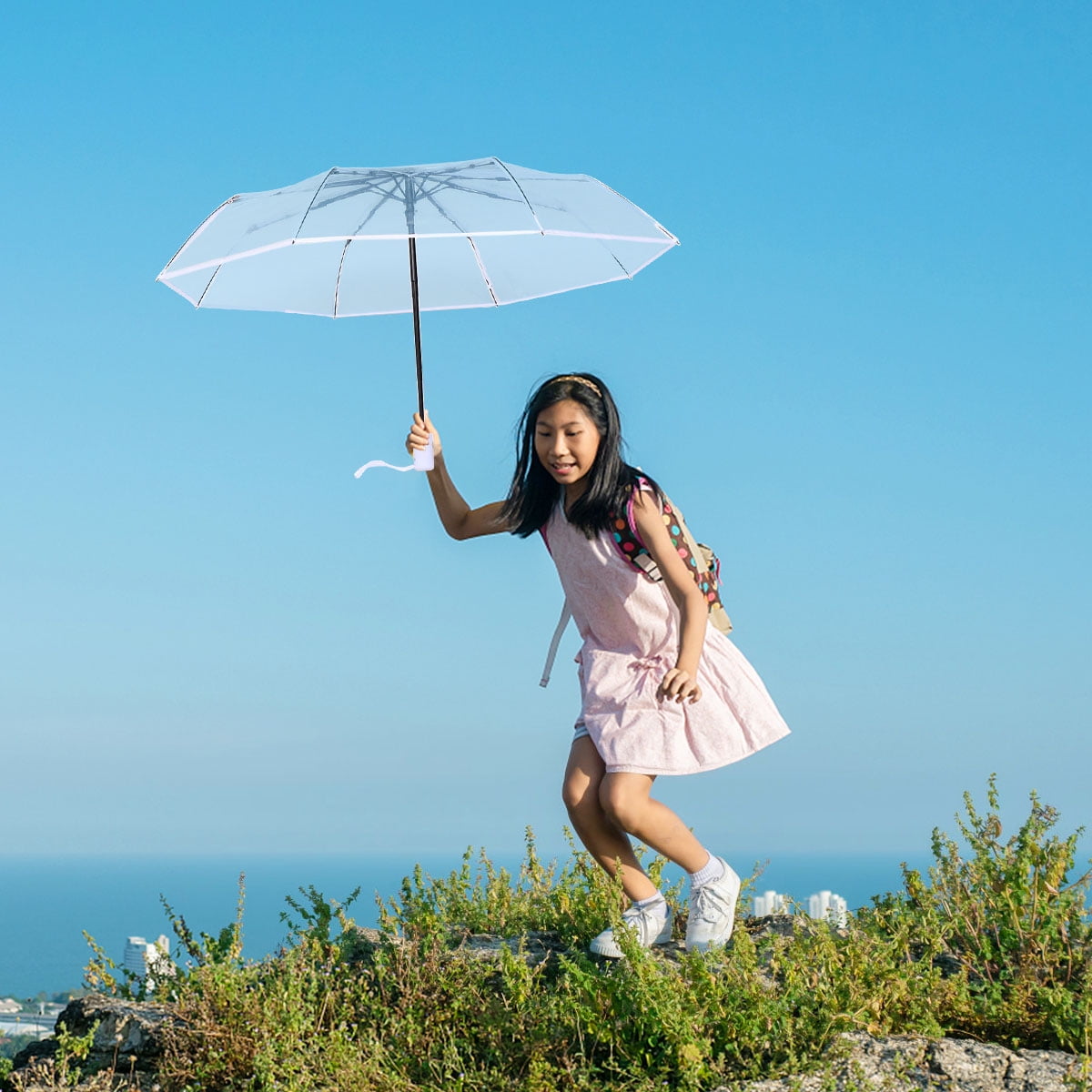 Raindrops Umbrellas Automatic Open Compact Outdoor Umbrella White Polyester Fiber from Sunburn 1Pack