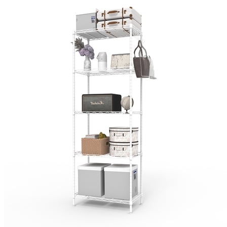 5-Tier Adjustable Display Rack, White Storage Shelf for Home, Office, and Retail, Heavy-Duty Metal Shelving Unit