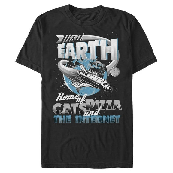 Men's Lost Gods Visit Earth Home of Cats Pizza Internet  Graphic Tee Black 2X Large