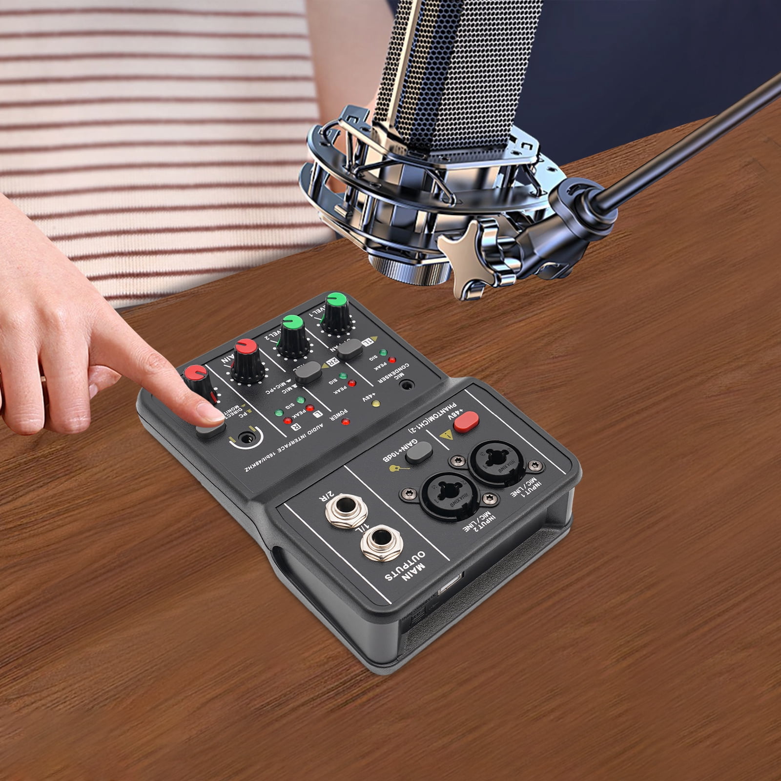 Compact 2-Channel Audio Mixer, 48V Phantom Power, Clear Indicators, Anti-Slip Pads for Smooth Operation in Studio and Events