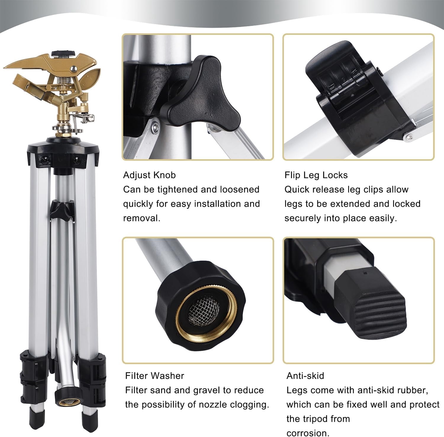 Large Impact Sprinkler Head on Tripod Base, Adjustable Zinc Alloy Lawn Sprinklers for Yard Lawn Garden, 3/4" NH Connector, 360 Degree Large Area Coverage Irrigator with Extension Legs, 1 Pack