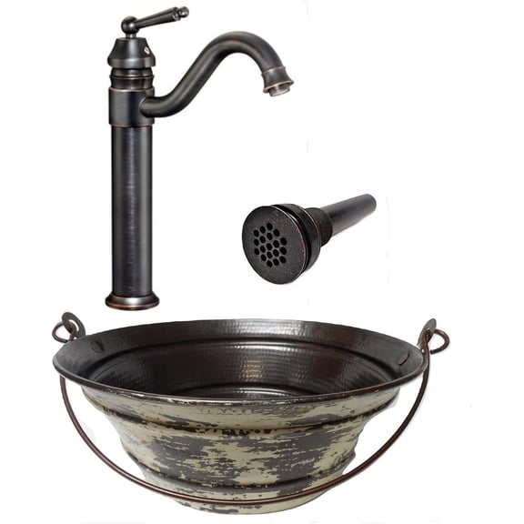 SimplyCopper 15" Copper Vessel Bucket Bath Sink with White Distressing, Faucet & Drain Included