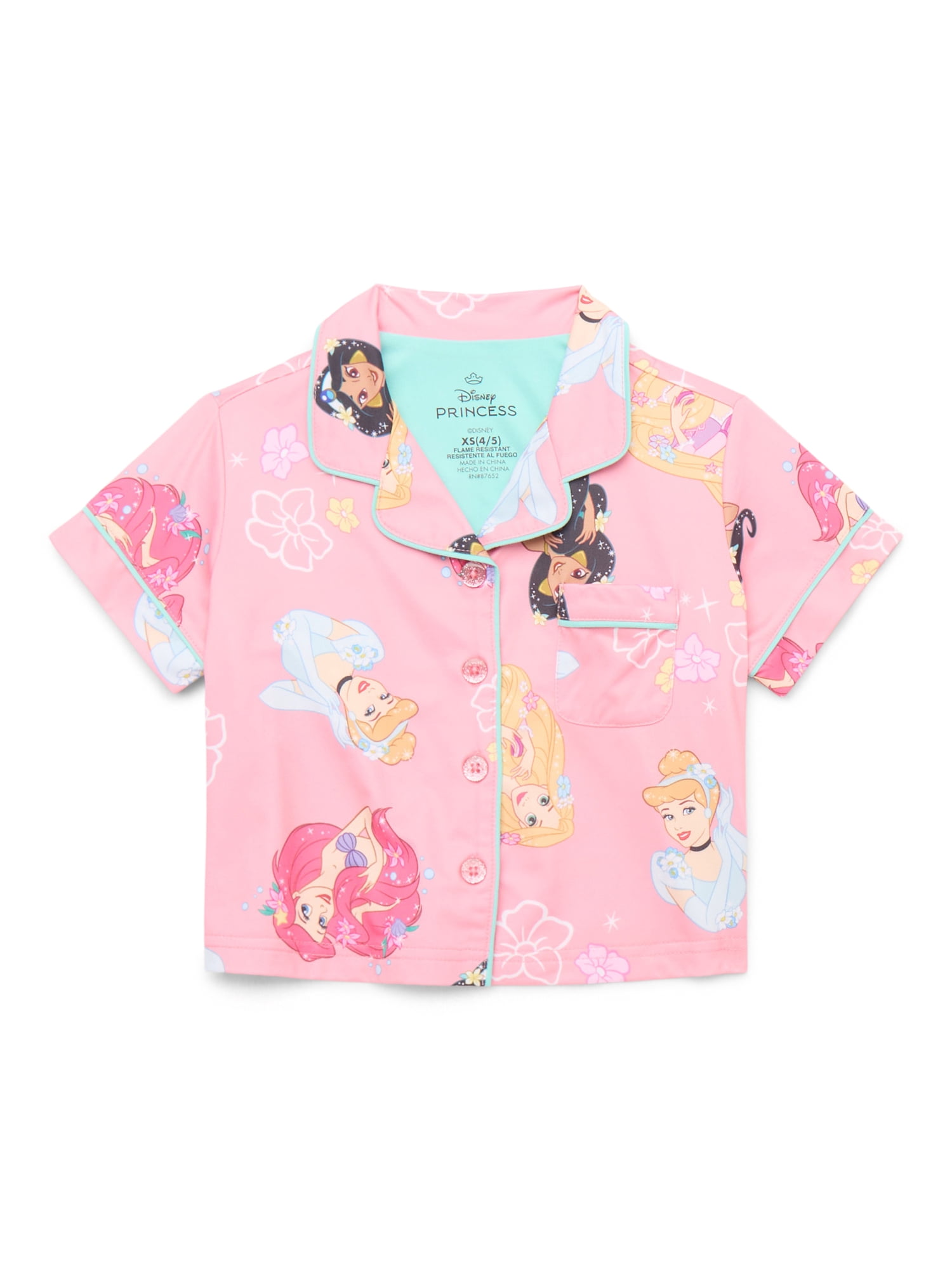 Disney Princess Girls Button Front Top and Shorts Pajama Set, 2-Piece, Sizes 4-12