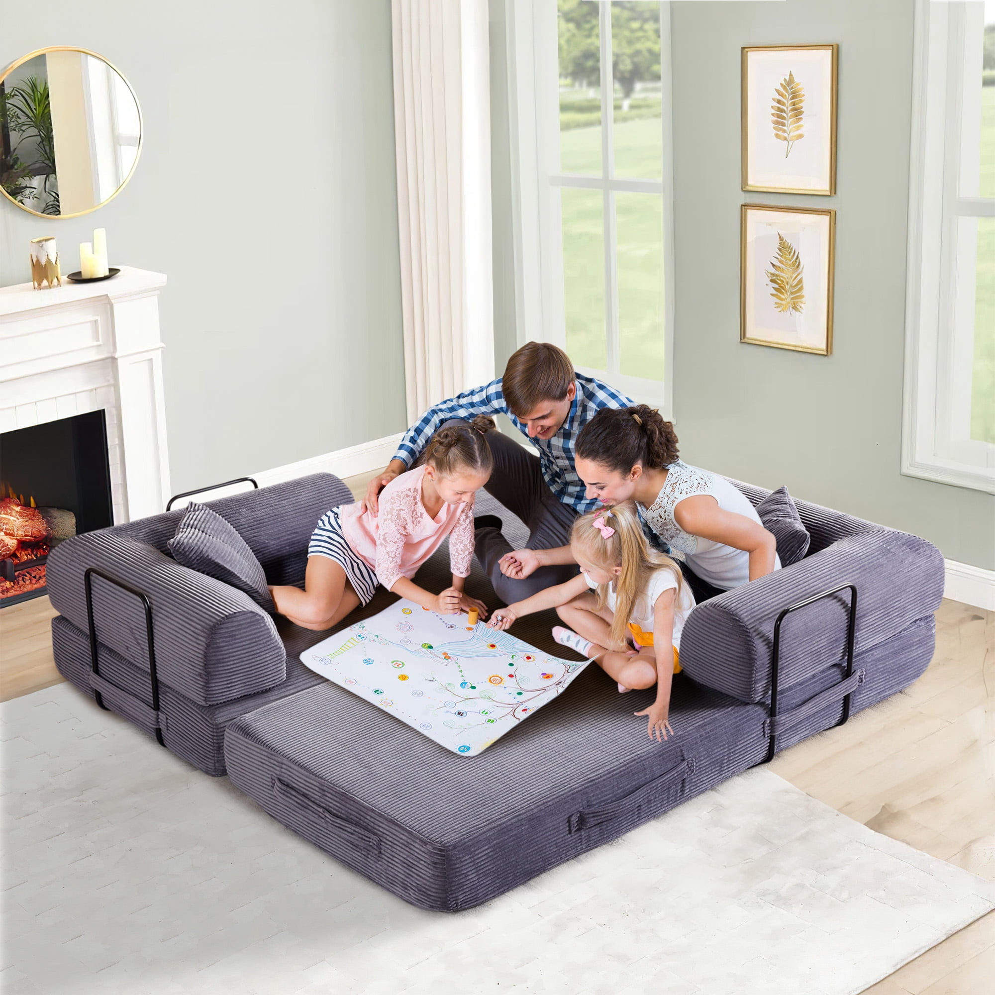 Timbernest Convertible Sleeper Sofa Bed 78" Folding Sofa Bed with 2 Pillows 3-Seat Floor Sofa for Living Room, No Assembly, Gray
