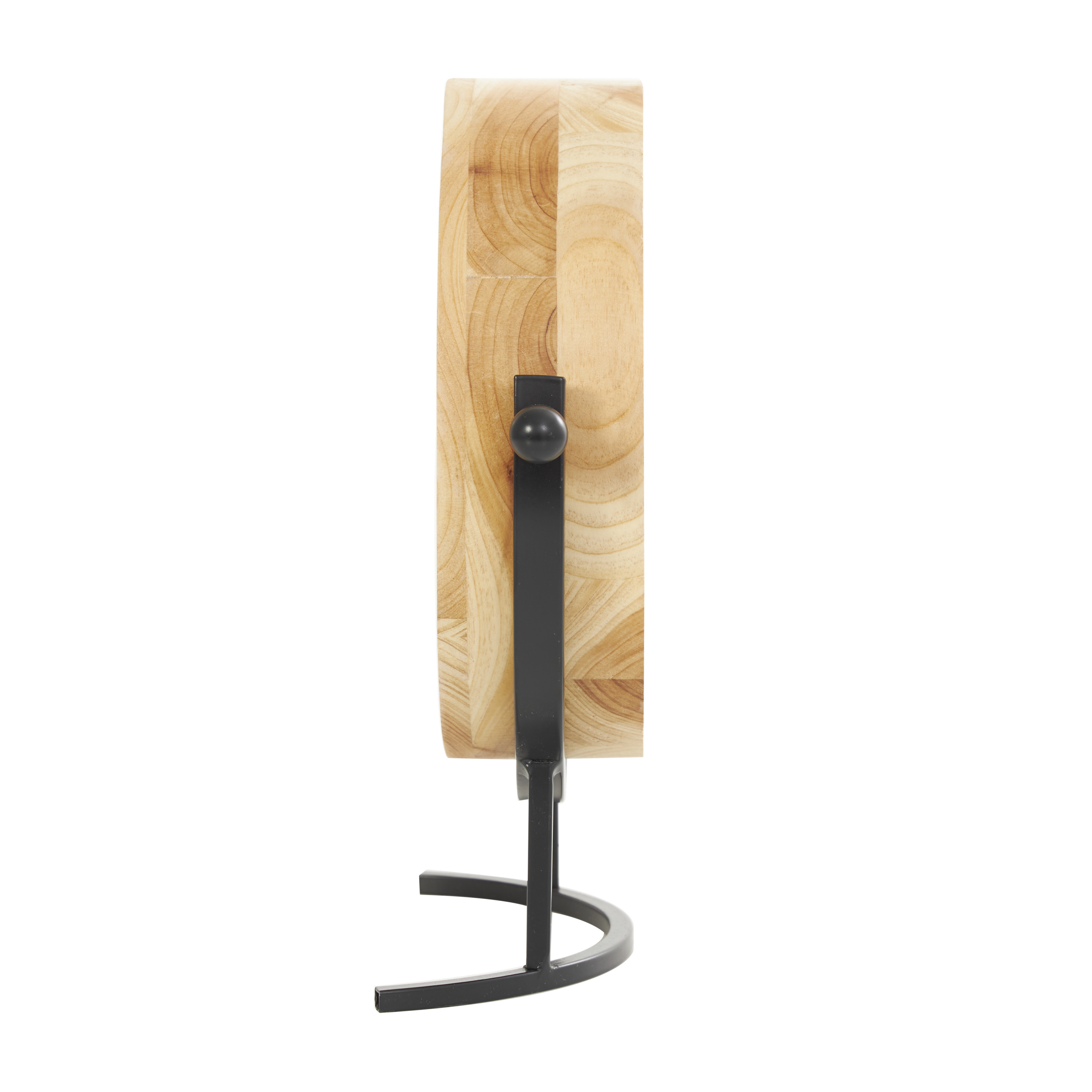 DecMode 10" Light Brown Wood Clock with Curved Black Metal Stand and Ball Details