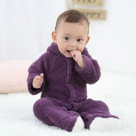 

Baby Girls Boys Button Fleece Hooded Bear Jumpsuit with Cute Ears Fuzzy Long Sleeve Jumpsuit Toddler Infant Solid Fall Winter Outfit Clothes Purple qILAKOG 12Months