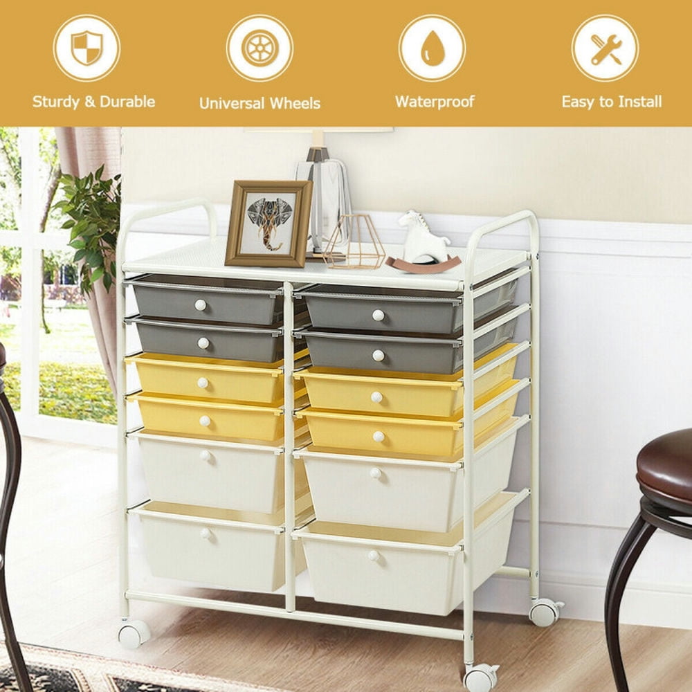 Demi Bonn 12 Drawers Rolling Cart Storage Scrapbook Paper Organizer Bins with 4 Universal Casters, Yellow & Beige & Gray