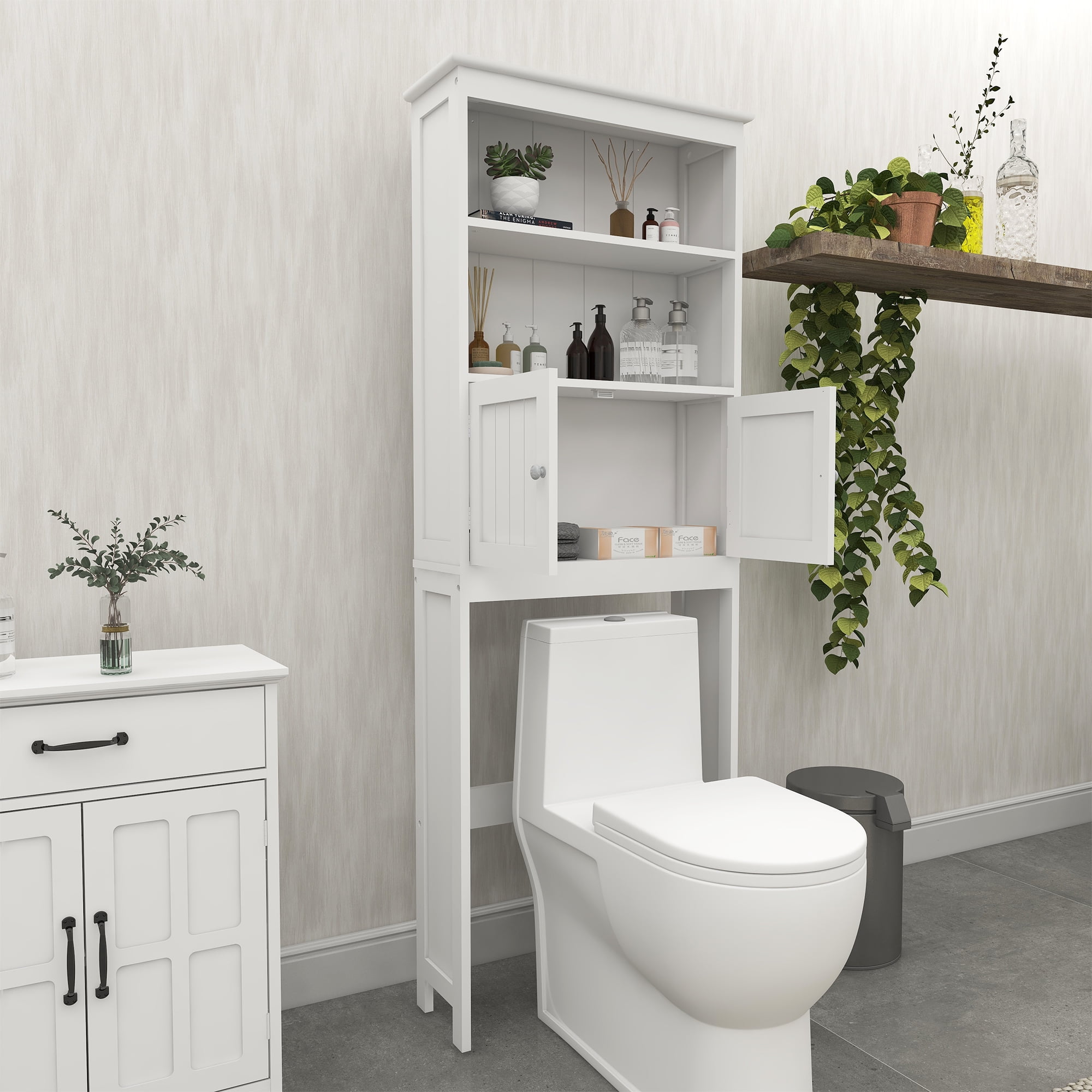2 -Tier Toilet Bathroom Spacesaver Storage Shelf with 2 Doors, Over The Toilet Rack Wood Storage Organizer Cabinet for Bathroom Freestanding Shelf, White