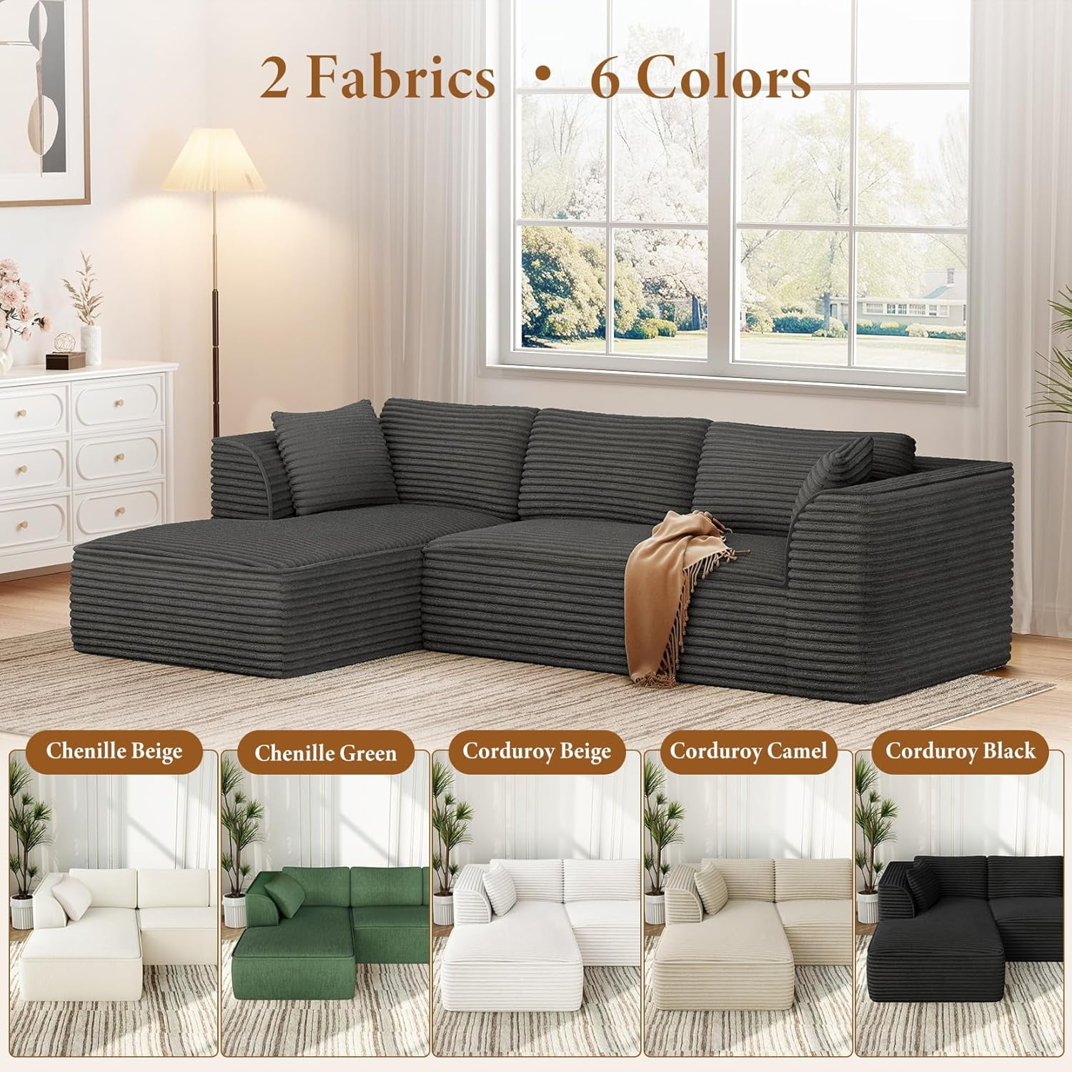 Neche 106" Boneless Couch with Chaise, Deep Seat Comfy Cloud Modular Sofa Corduroy Memory Foam Sectional Couches for Living Room Bedroom, No Assembly Required (Grey, Left-Facing Chaise)