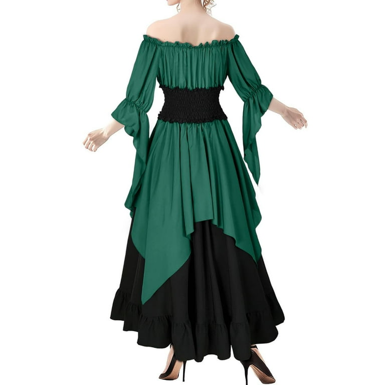 Enjoytime Maxi Dresses for Women 2025 Vintage Patchwork Long Sleeves Lace  Up Party Dress Elegant Off Shoulder Medieval Halloween Costumes Coffee M