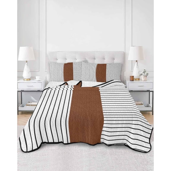 Quilts Twin Size, Black Striped Geometric Soft Comforter Bedding Set for Bed, Modern Boho Brown Lightweight Quilted Bedspread with Pillow Cover(2 Pieces) for All Season, 68x86 Inch