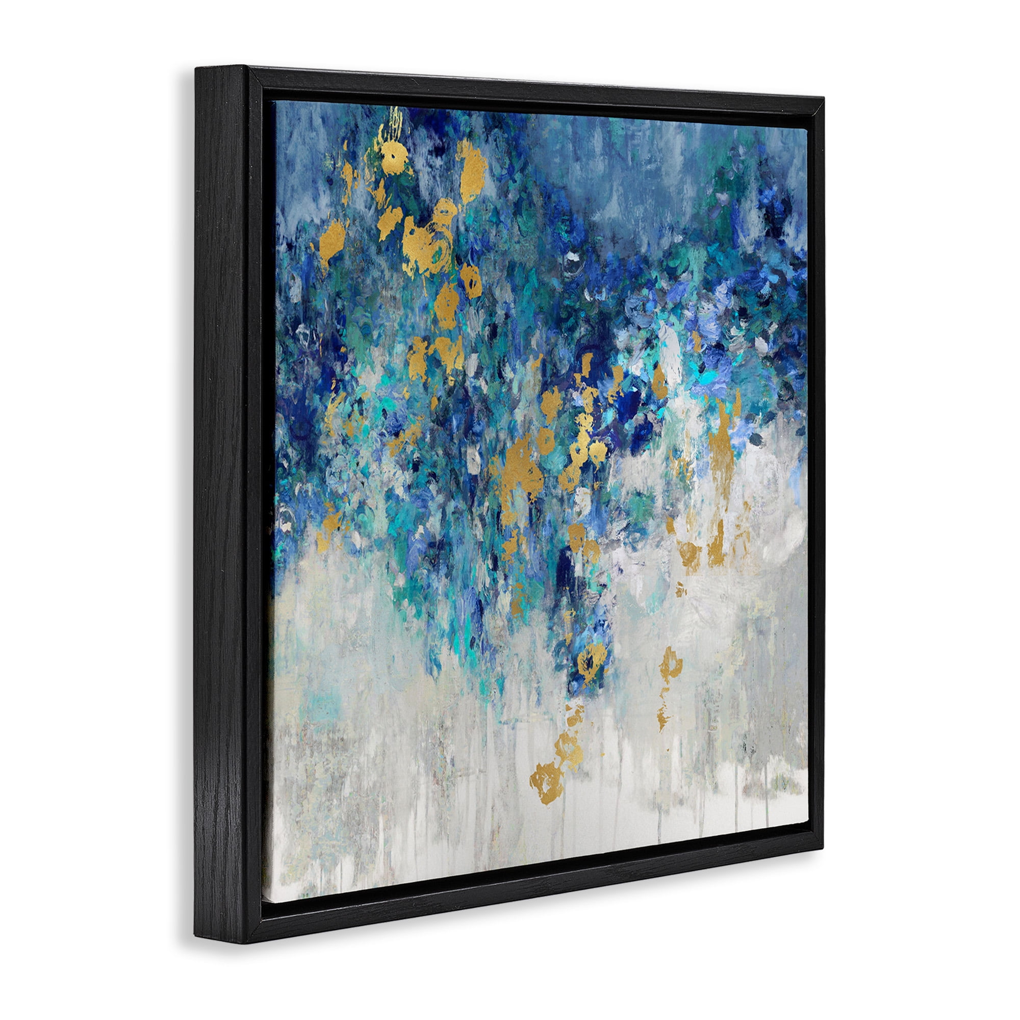 Stupell Industries Abstract Blue Gold Paint Design Abstract Painting Black Floater Framed Canvas Art Print Wall Art, 18 x 18