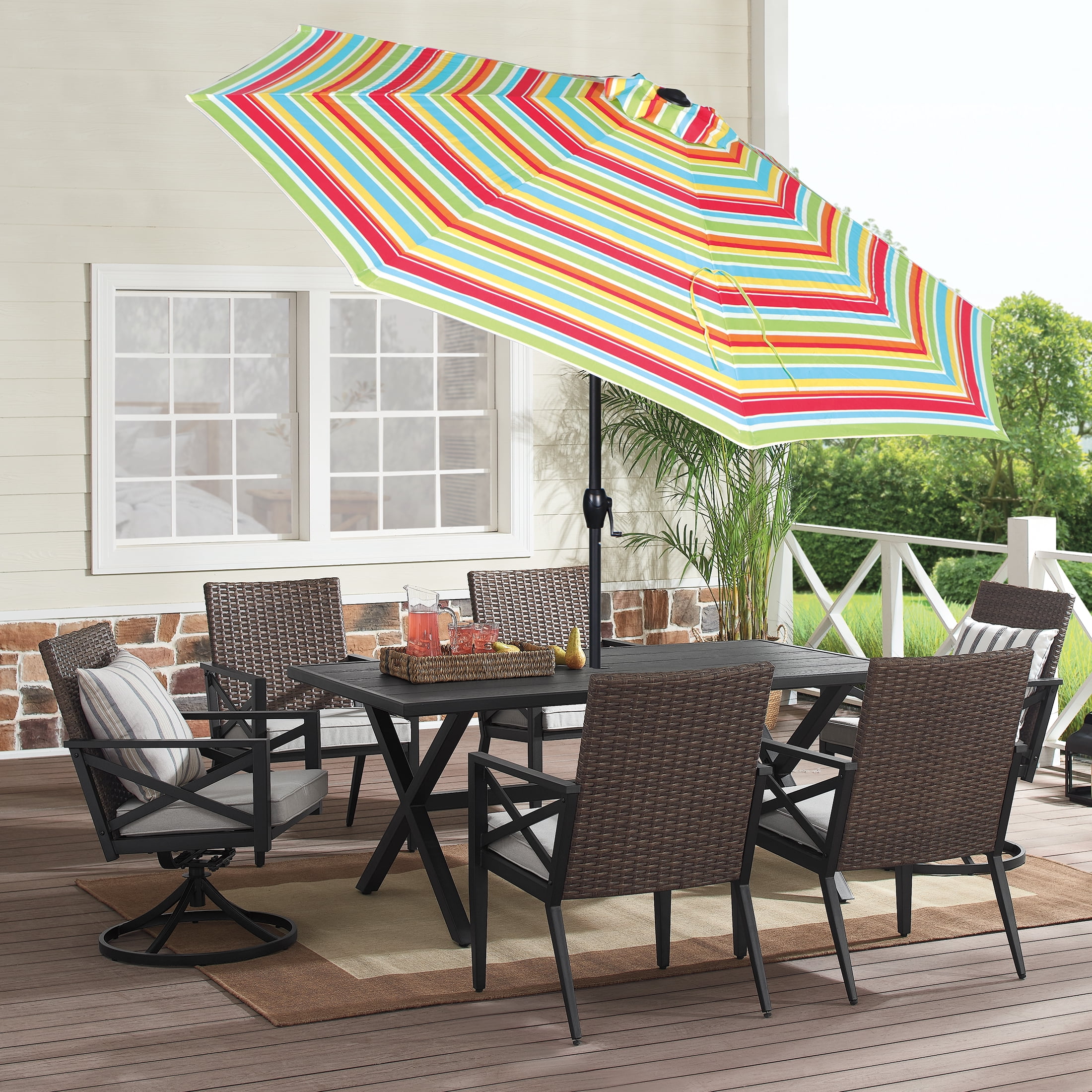 Mainstays 9' Multi Stripe Round Outdoor Tilting Market Patio Umbrella with Crank