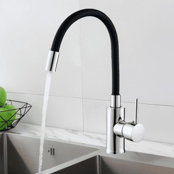 Flexible Kitchen Faucet High Arch 360° Rotatable Faucet Single Handle Lever for 1 Hole Sink, Hot & Cold Water Faucet Bendable Silicone Hose Easy to Fetch Any Area, Black Chrome