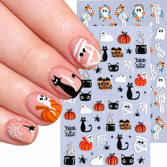 Halloween Nails Stickers Orange Pumpkin Nails Sticker Black Cat Self Adhesive Sticker Ghost Designs Nail Decals Colorful Nail Art Decals Halloween Decals for Nail DIY Manicure 2Sheets