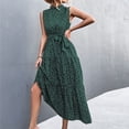 thumbnail image 3 of Vestido midi verde sofisticado para verano, sin mangas, con cinturón, estampado de lunares y cintura alta, 3 of 6