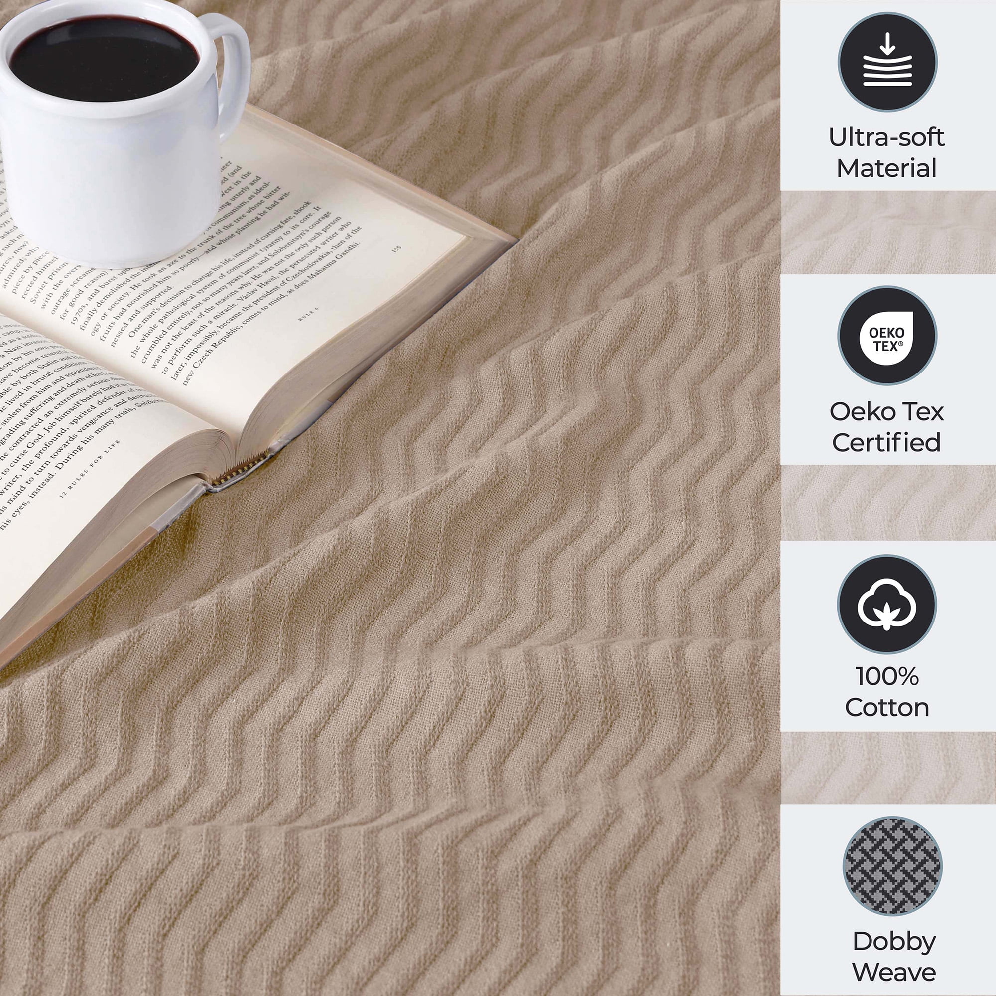 Superior Jena Cotton Textured Chevron Woven Blanket, Twin, Khaki