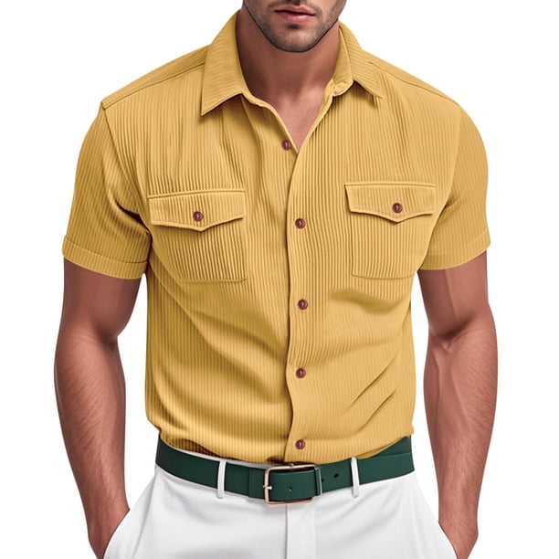pstuiky camisetas de hombre, Camisa informal de verano para hombre, de color liso, con botones, bolsillo y manga corta con solapa ropa de hombre xl