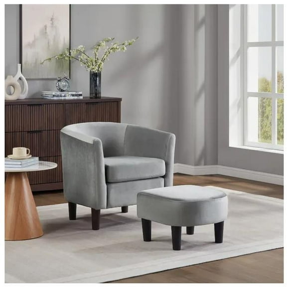 Velvet Accent Chair with Ottoman, Modern Barrel Chair Armchair for Living Room, Bedroom, Gray