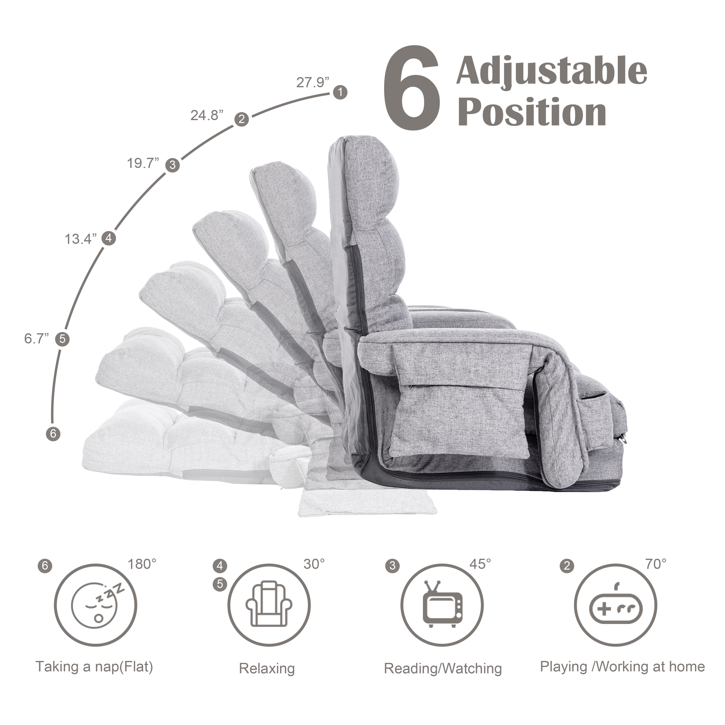 Prime Garden Floor Chair 6-Position Folding Gaming Chair for Meditation Indoor, Light Gray