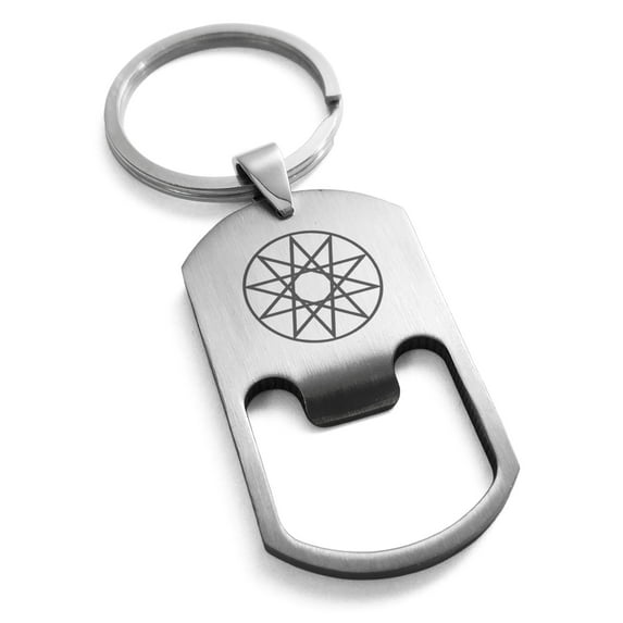 Stainless Steel Octagram Star of Wisdom Engraved Bottle Opener Dog Tag Keychain Keyring