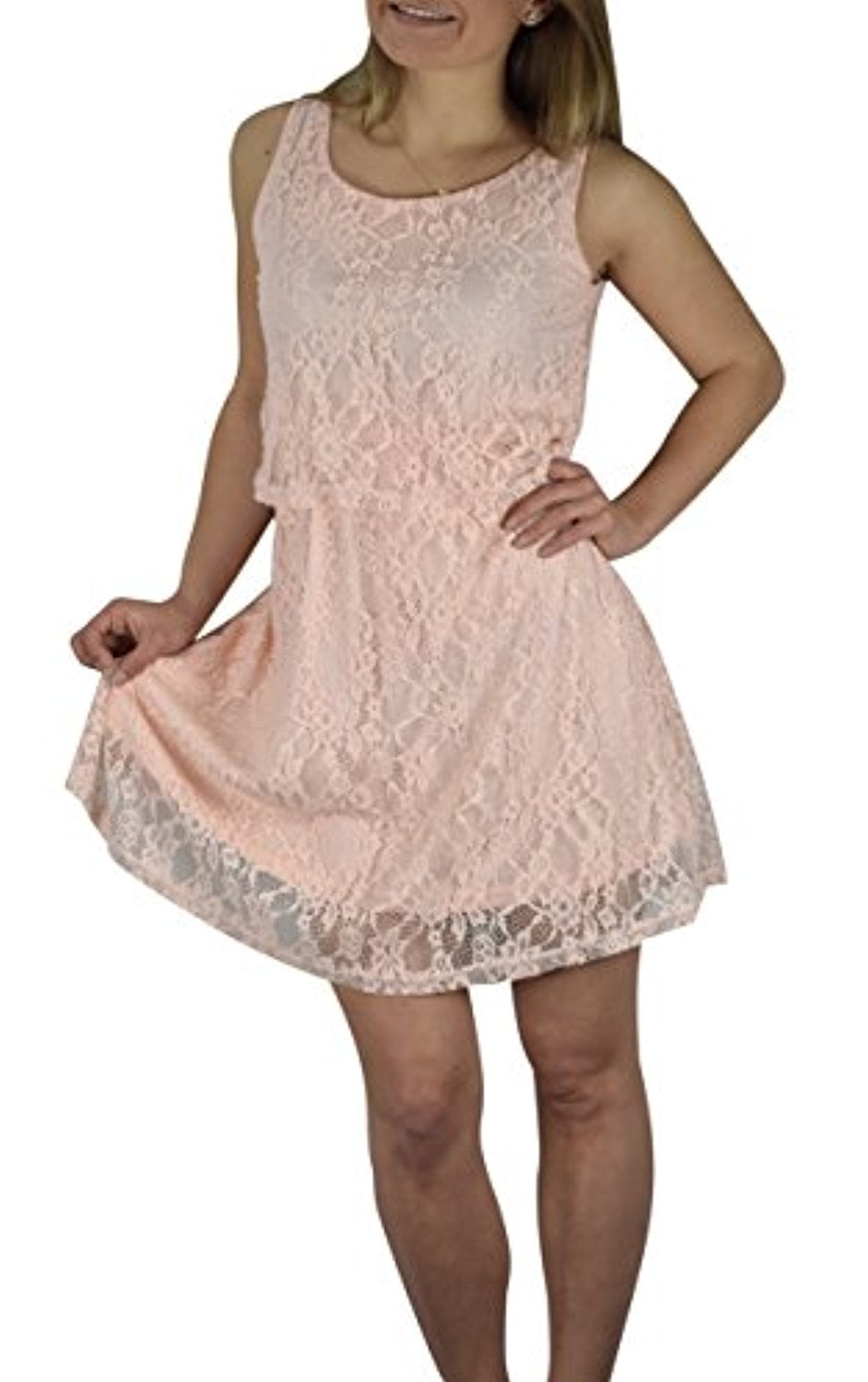 Peach Couture Lace Overlay Sleeveless Mini Solid Color Summer Dress ...