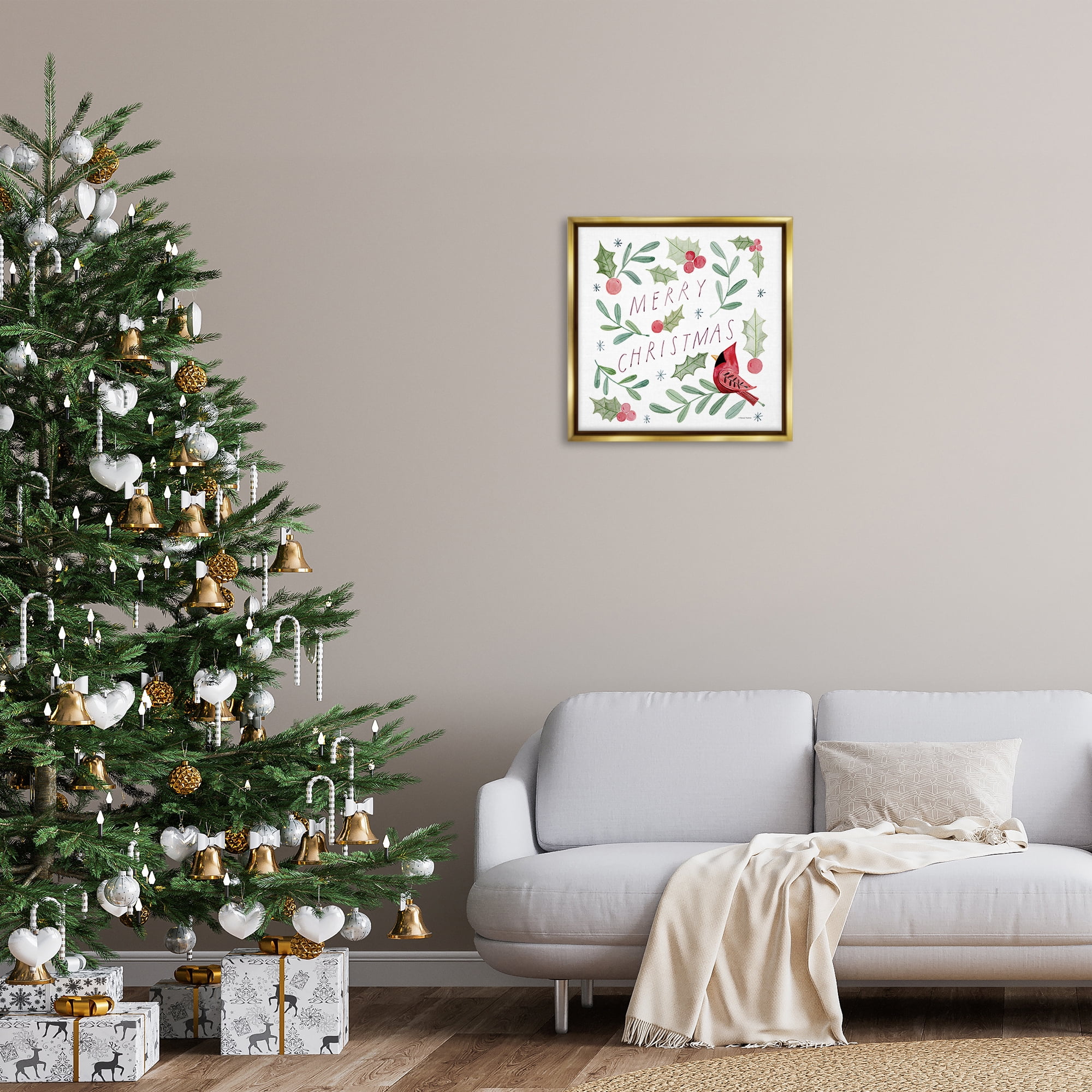 Stupell Industries Soft Whimsical Christmas Holiday Painting Gold Floater Framed Canvas Art Prints Wall Art, 25 x 25