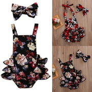 Summer Newborn Baby Girls Floral Romper Jumpsuit Sunsuit Headband Outfit Clothes