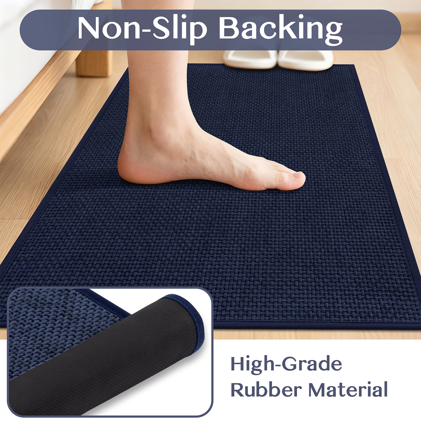 Ileading 3pcs Bathroom Rugs Set with U-Shaped Mat, Non Slip, Soft, Absorbent Bath Mats for Tub, Shower, Toilet 18"x26"+18"x48"+U Shape 20"x24" Blue