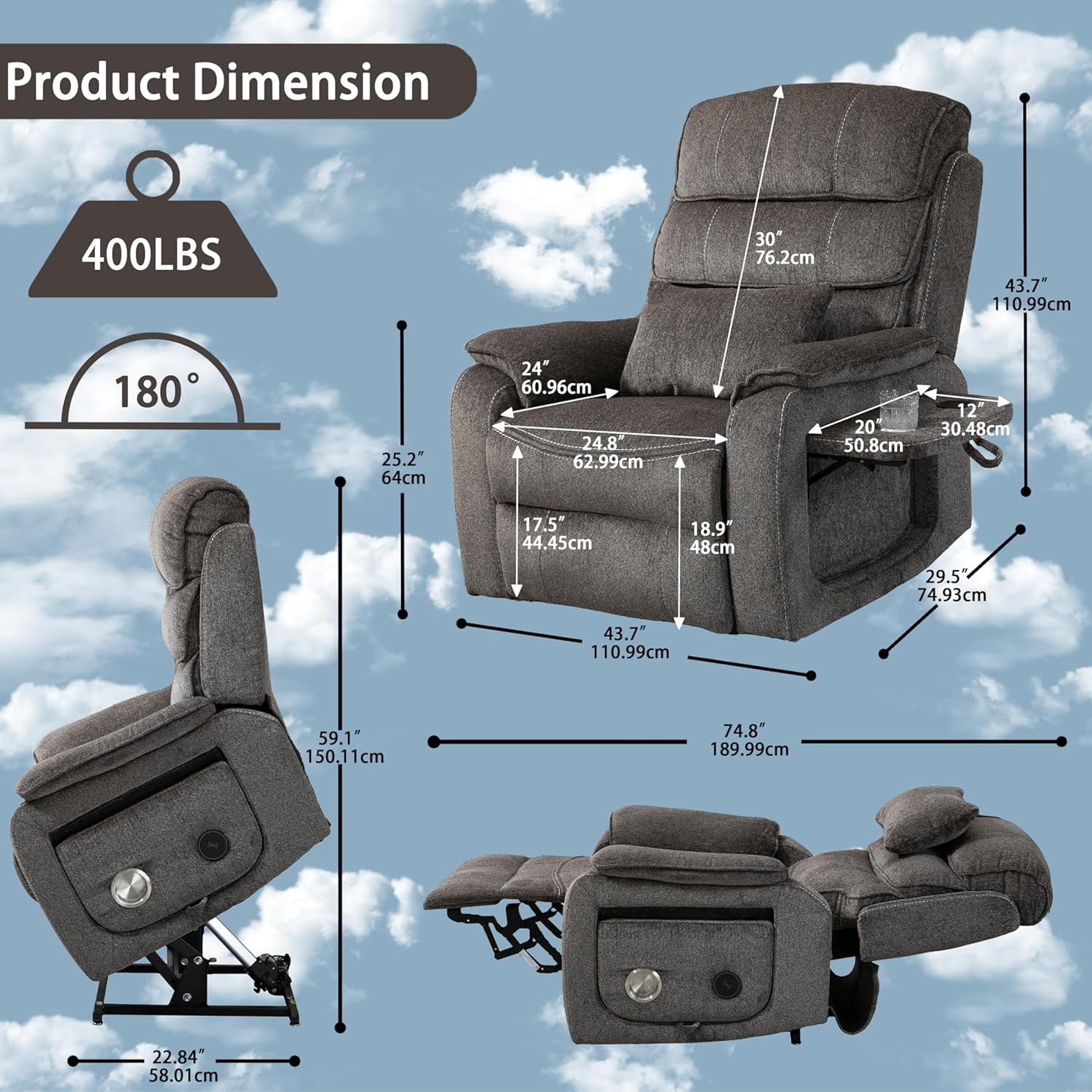 Adults Power Lift and Heat Recliners with Wireless Charging Device and USB Ports