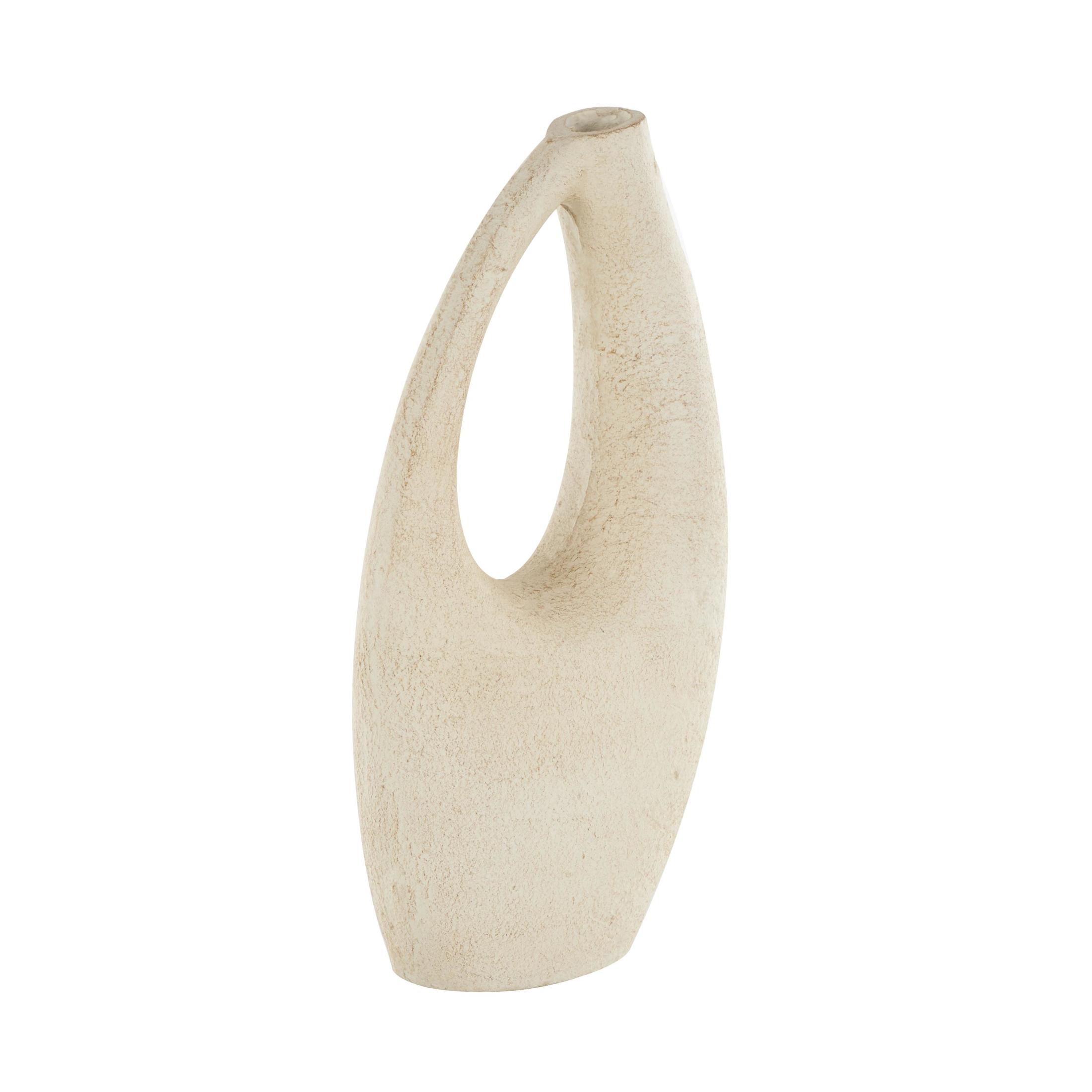 DecMode 14" Abstract Curved Cutout Cream Paper Mache Vase with Brown Distressed Texturing