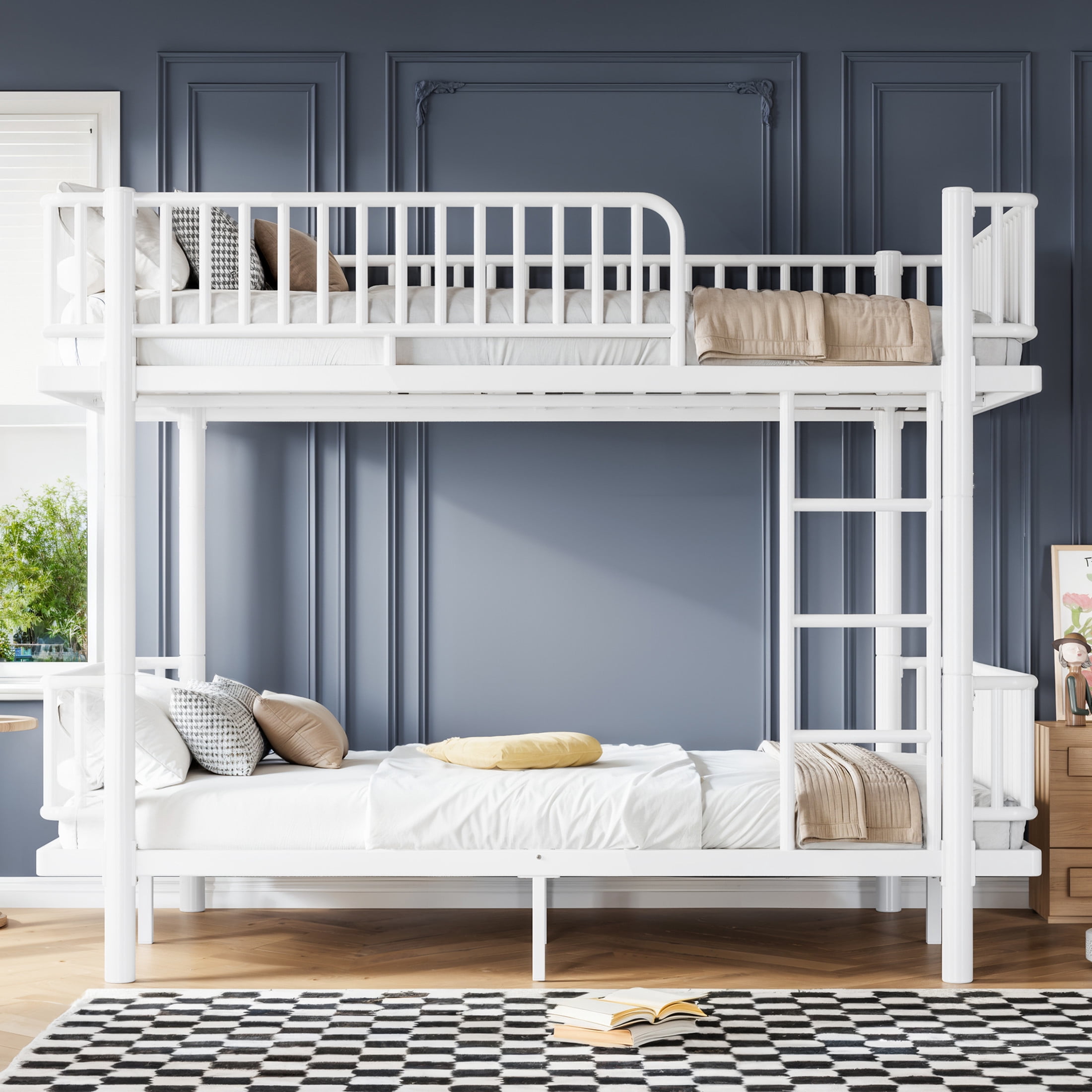 Noble House Queen over Queen Bunk Bed with Guardrails and Ladder, Can Separate into 2 Platform Beds, White