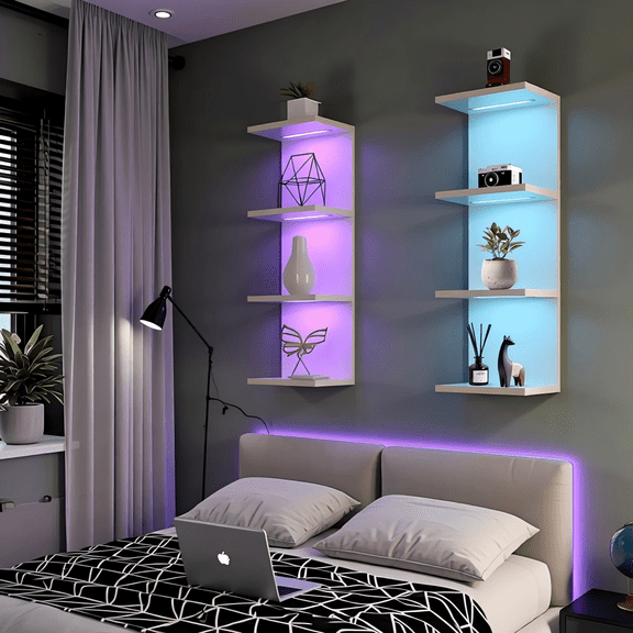 4-Tier Wall Shelf with 10 RGB Lighting Modes, Multifunctional Wall Mounted Vertical Display Floating Shelf for Bedroom Living Room Vanity, White