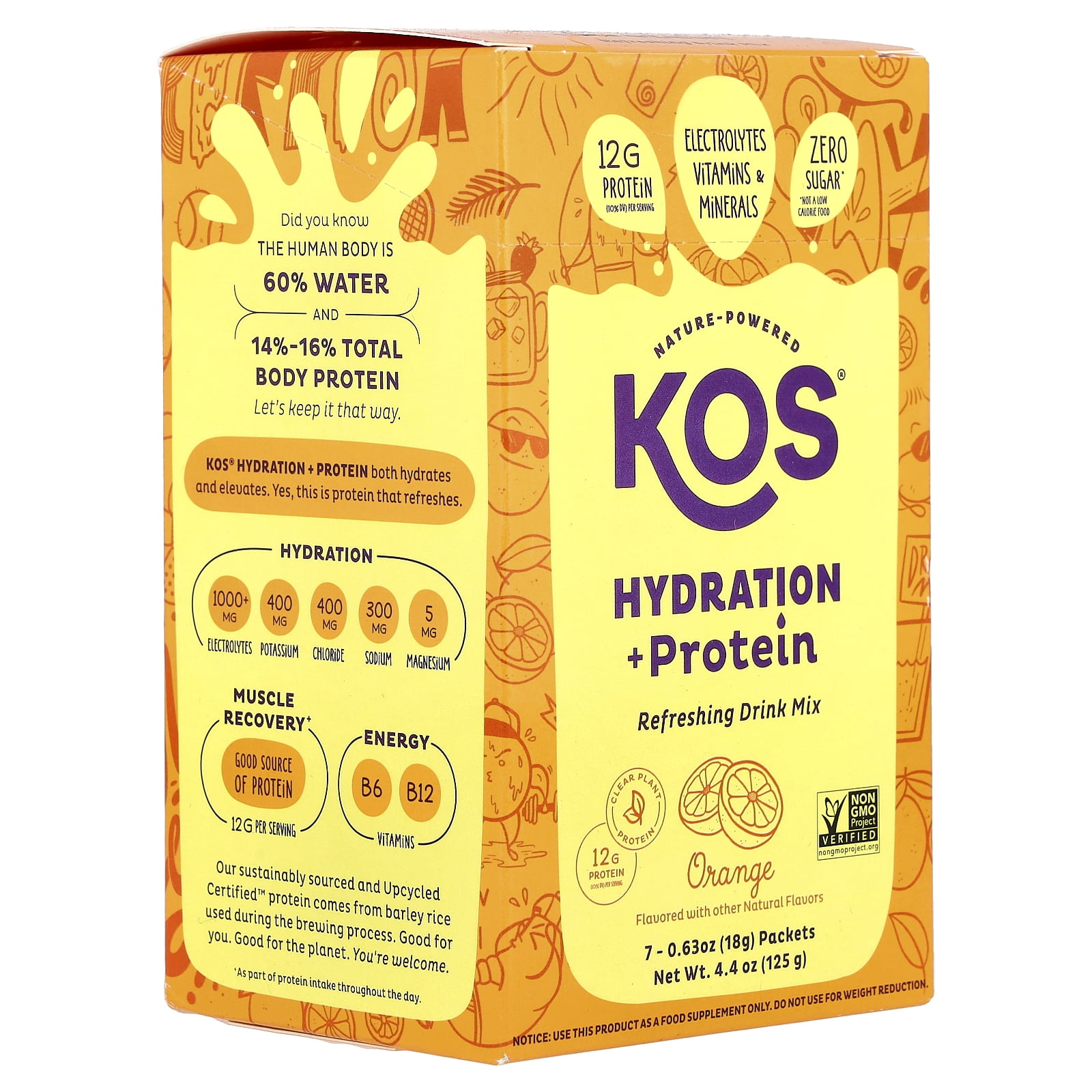 KOS Hydration + Protein, Refreshing Drink Mix, Orange , 7 Packets, 0.65 oz (18 g) Each