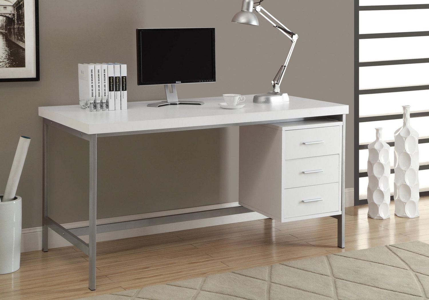 Monarch Specialties Bureau, Bureau À Domicile, Ordinateur Portable, Configuration Gauche, Droite, Tiroirs De Rangement, 60"l, Travail, Métal, Stratifié, Blanc, Gris, Contemporain, Moderne