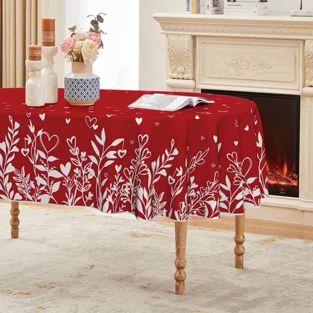 Valentine''s Day Tablecloth 60×84 Inch Oval, Love Plants Red Washable Table Cover for Party Picnic Dinner Decor