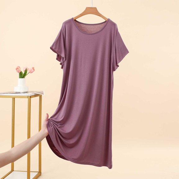 Ohufall Womens Sleepshirt Short Sleeve Crew Neck Solid Color Nightgown Loose Fashion Home Wear Sleepwear Pajamas
