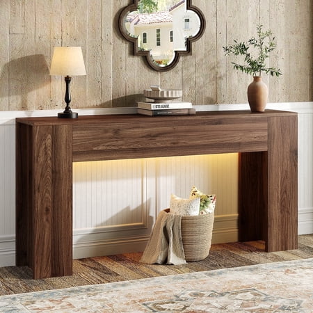 63-Inch Long Console Table with RGB LED Lights, Extra Wide and Thick Sofa Table Behind Couch, Farmhouse Entryway Table for Entrance, Hallway, Living Room, Brown
