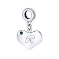 thumbnail image 1 of Personalized Script Initial Alphabet Letter R Simulated Emerald Green Crystal Accent Heart Shape Dangle Bead Charm .925 Sterling Silver for Women Teen European Bracelet Custom Engraved, 1 of 4