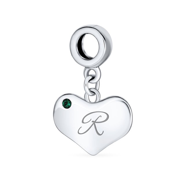 Personalized Script Initial Alphabet Letter R Simulated Emerald Green Crystal Accent Heart Shape Dangle Bead Charm .925 Sterling Silver for Women Teen European Bracelet Custom Engraved