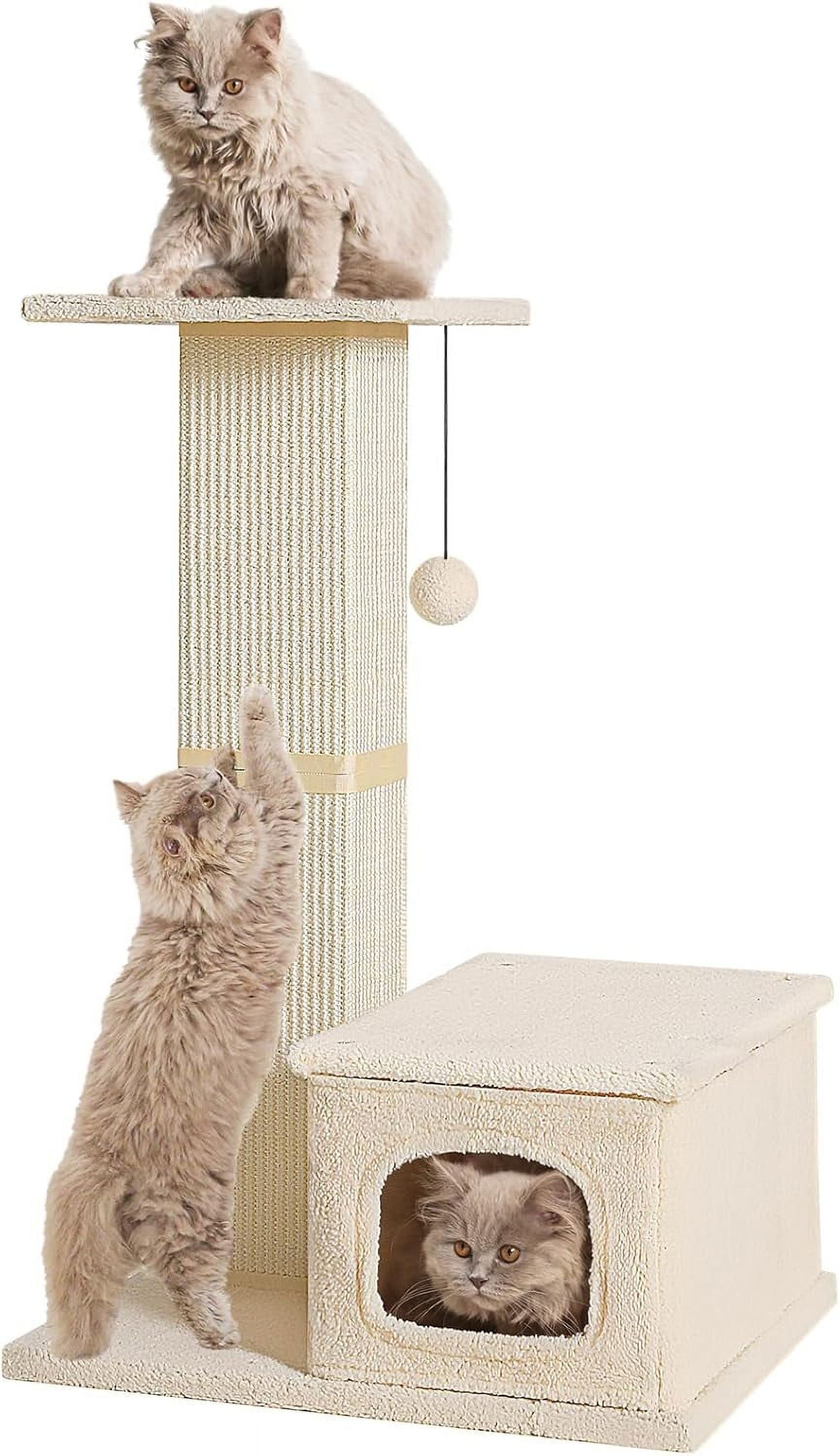 Cat Scratching Post with Perch, Sisal Cat Scratchers for Indoor Cats, Large Cat Scratching Post with Fluffy Ball, 31 Inches Tall Cat Scratching Tower, Gray