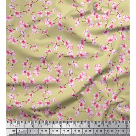 Soimoi Polyester Crepe Fabric Blossom Floral Printed Fabric 1 Yard 42 Inch Wide