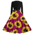 thumbnail image 3 of Vintage Sunflower Print Dress for Women Long Sleeve V-Neck Floral A-Line Midi Dress with Bow Belt, 3 of 3