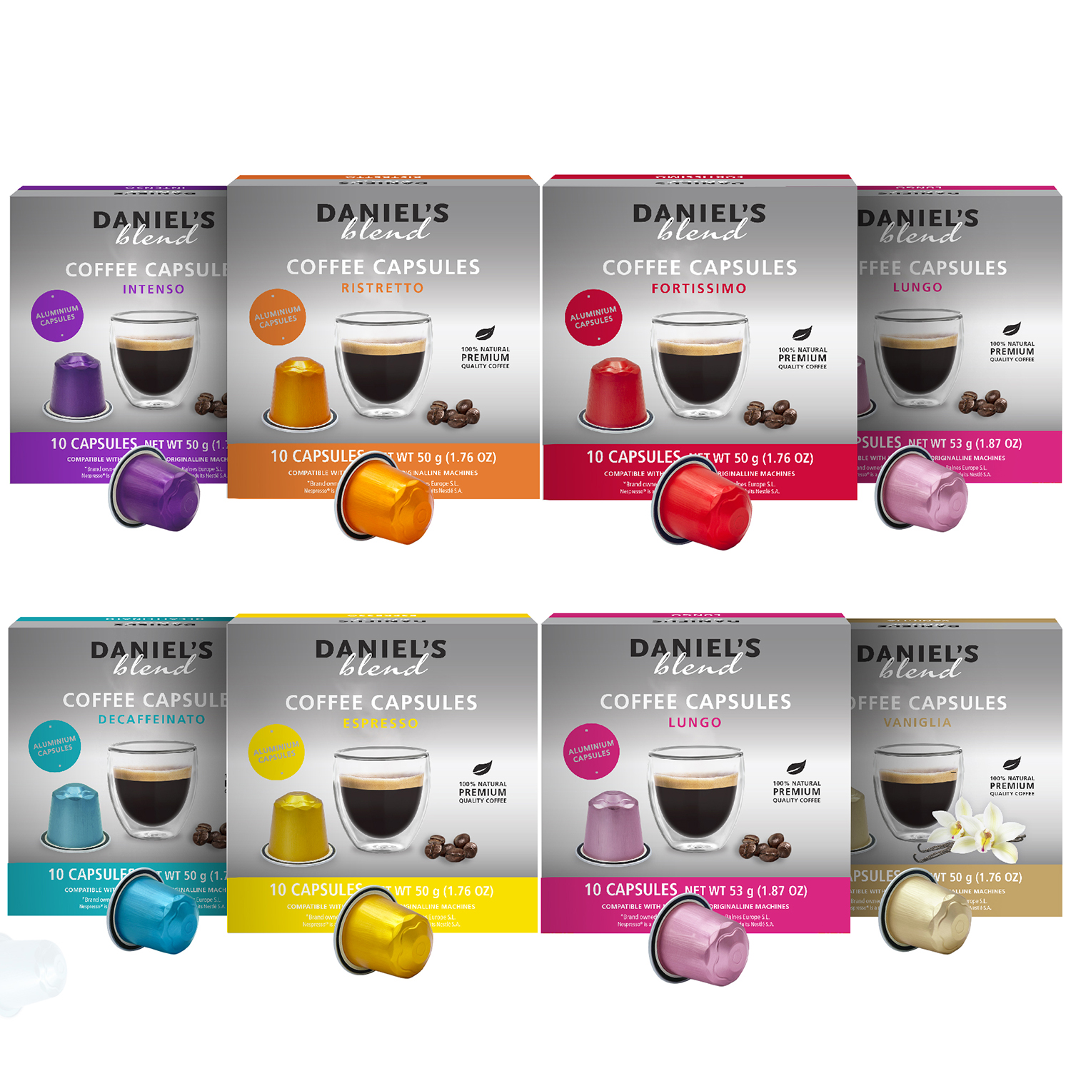 Daniels Blend Espresso Aluminum Capsules Compatible with Nespresso, 80