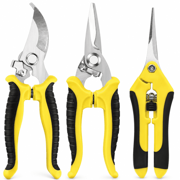 Geeopuk 3 Pack Garden Pruning Shears Set, Stainless Steel Garden Scissors & Clippers with Straight Curved Serrated Blades for Flowers, Herbs, Bonsai