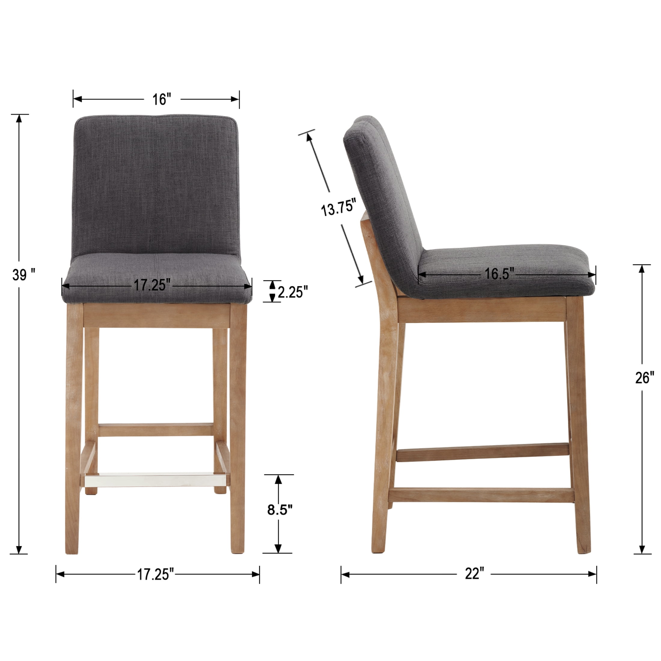 Guyou 26" Counter Height Bar Stools Set of 2, Modern Linen Upholstered Barstools, Rustic Farmhouse Wooden Kitchen Island Chairs with Backrest and Footrest for Dining Room Home Bar Patio Club, Charcoal