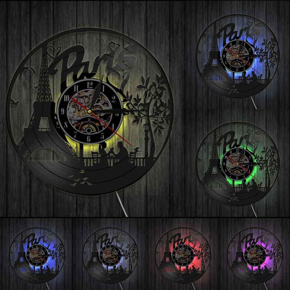 Paris Eiffel Tower Wall Decor France Skyline Vinyl Record Wall Clock Paris City Of Love Tourist Gift Living Room Wall Clock With LED