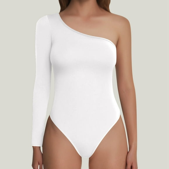 UANWENN Summer Women's One Shoulder Long Sleeve Bodysuit Sexy Mini Jumpsuit for Parties and Night Out Long Sleeve Bodysuit Women Lace Body Suits for Women Satin Jumpsuit for Women Suits for Women