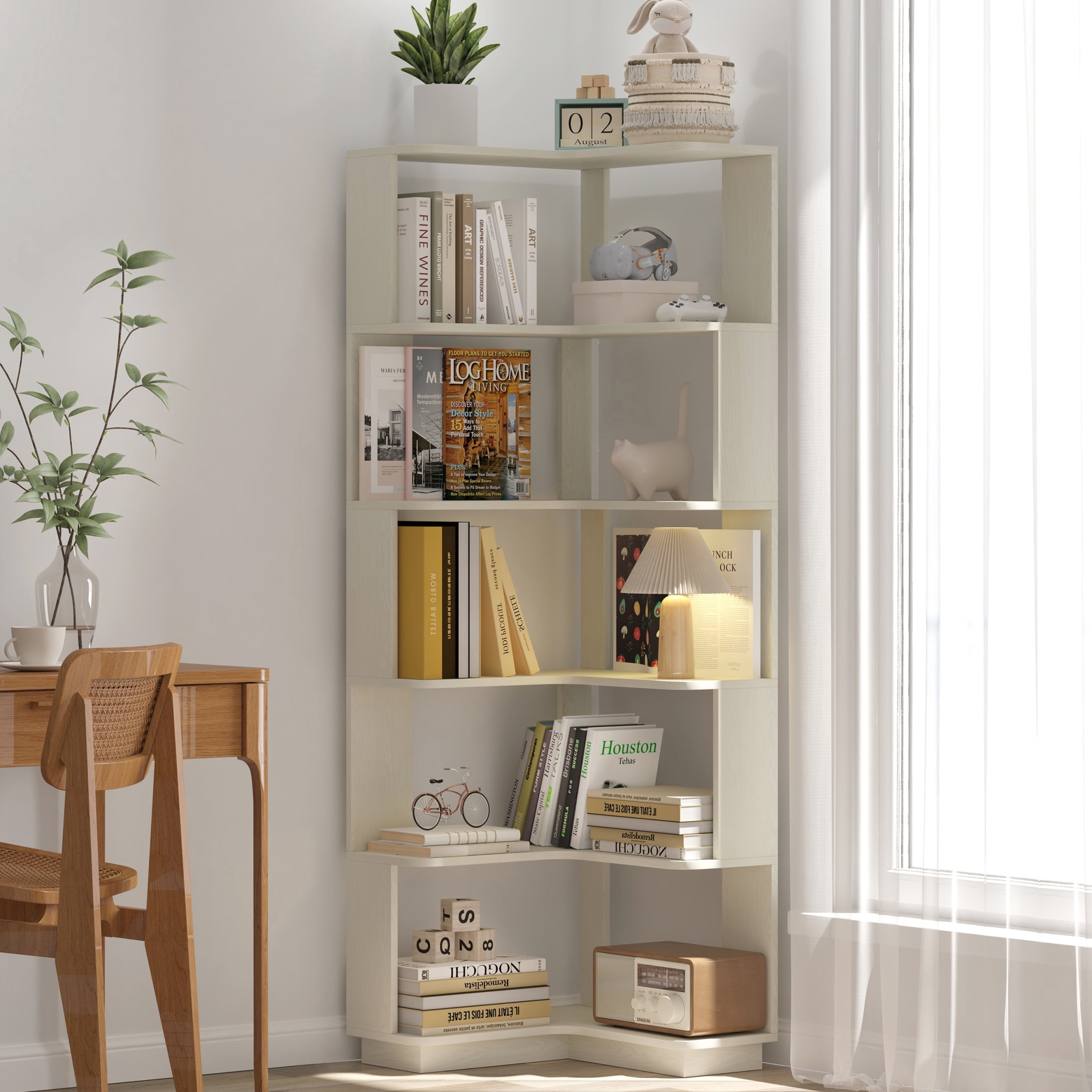 Noble House Vayen 65" L-Shaped Corner Bookshelf, 6-Tier Anti-Drop Wooden Bookcase, Open Storage Rack, White Oak