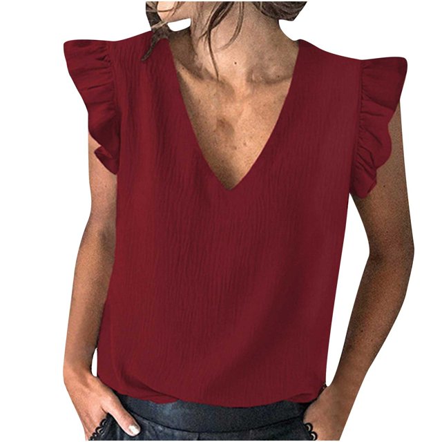 Blusa superior con cuello en V liso sin mangas con volantes de verano informal a la moda para mujer Pompotops lopia998772